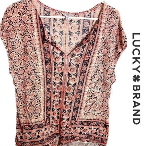 LUCKY BRAND Bohemian Floral Print Cap Sleeves Knotted Tie Front Top Size Medium - Picture 1 of 4